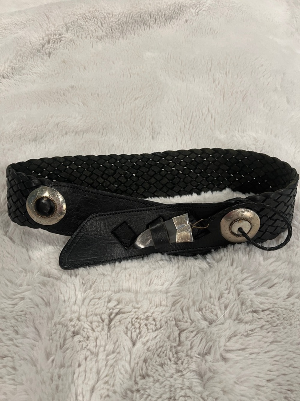 Black Braided Leather Women's Belt with Silver and stone Accents